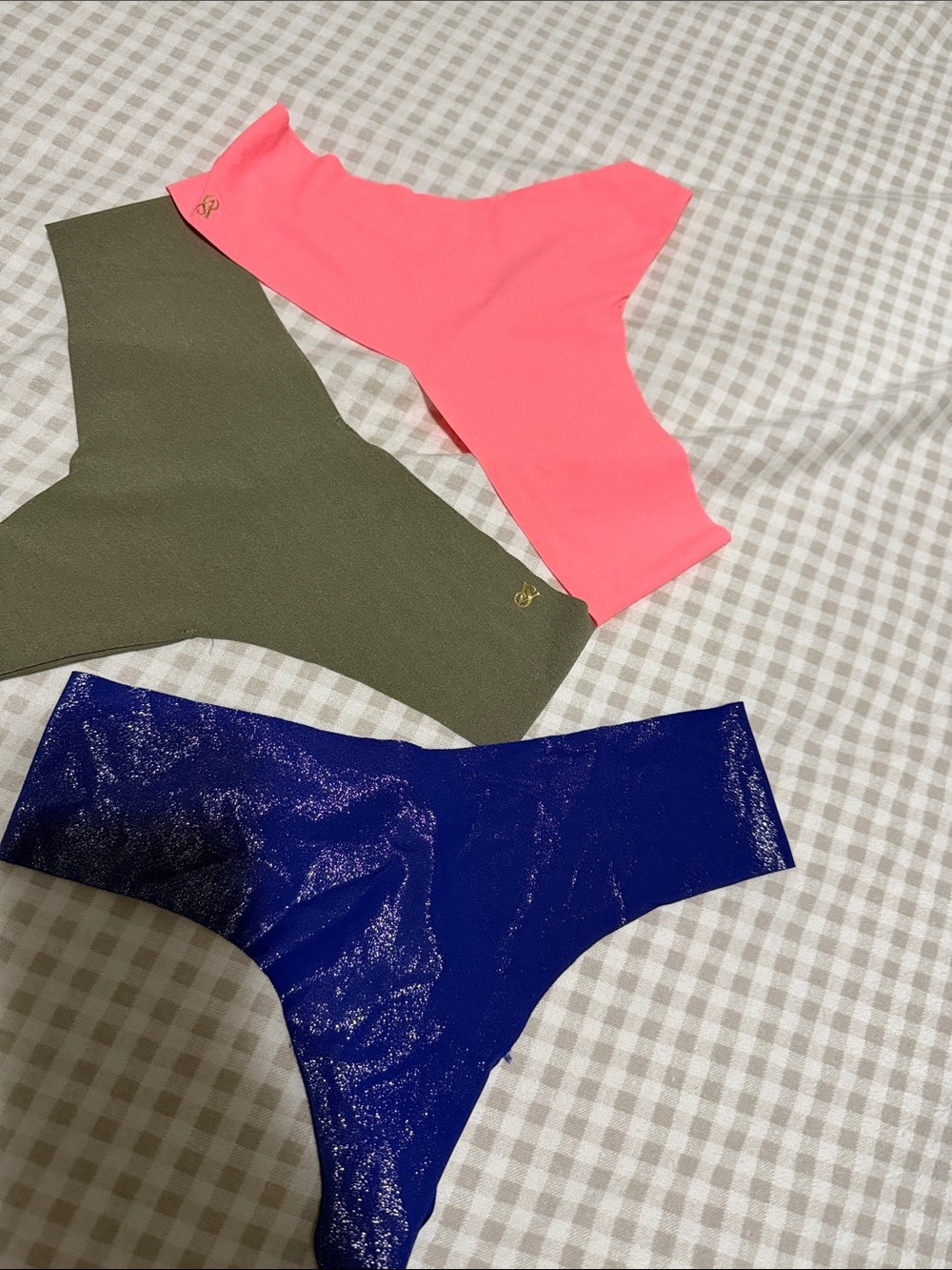 Victoria's Secret Neon Pink, Olive Green & Shimmer Royal Blue Seamless Thong Set